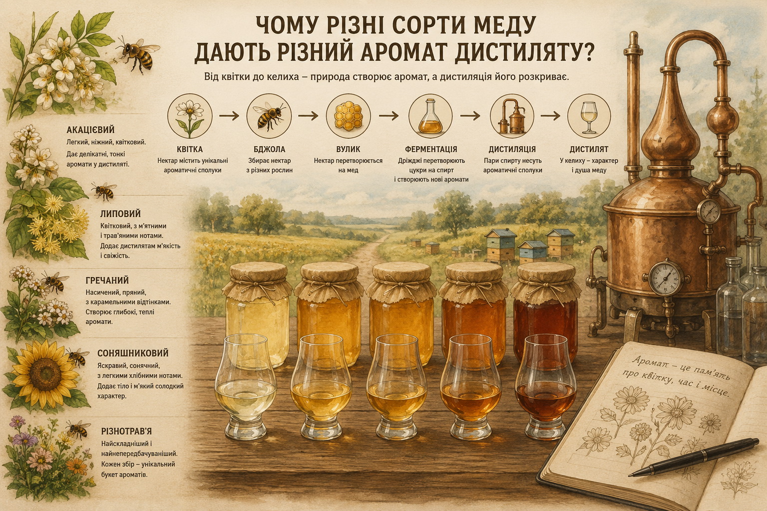 Чому різні сорти меду дають різний аромат дистиляту?