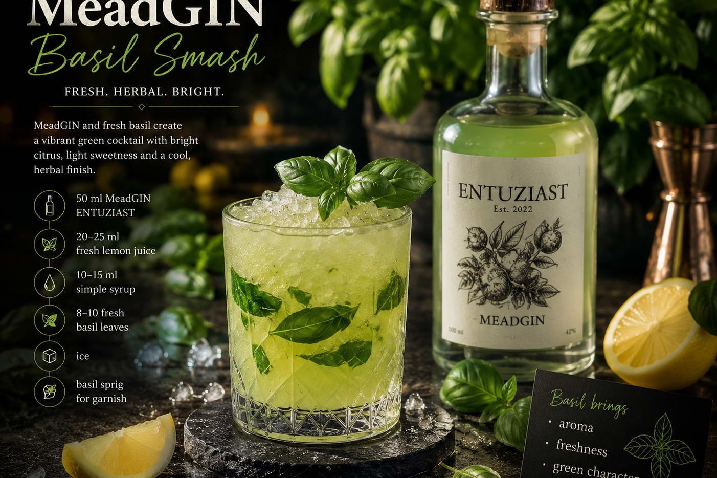 MeadGIN Basil Smash — авторський коктейль із базиліком і лимоном